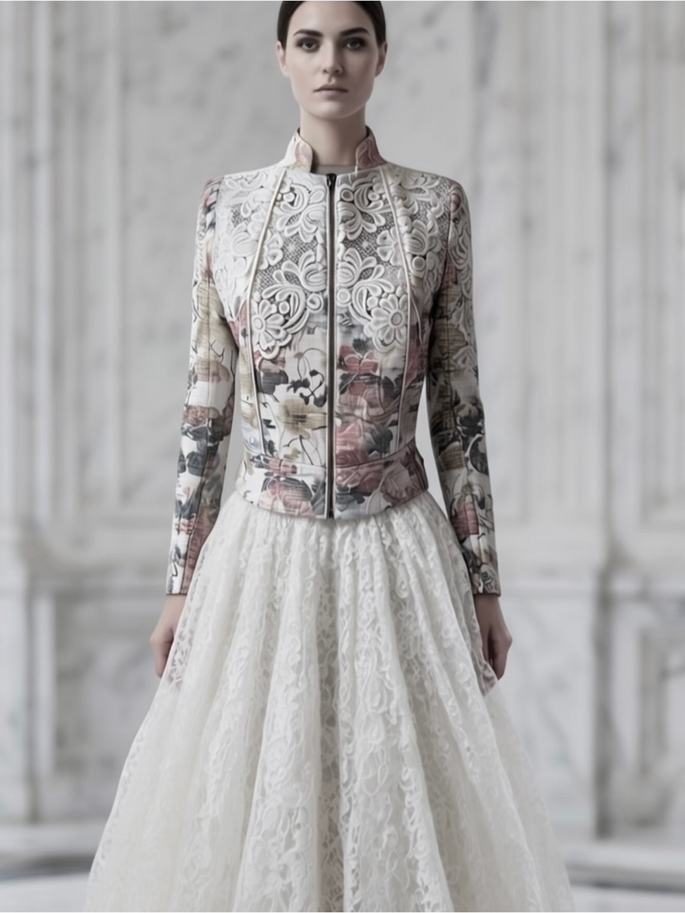 Vintage Tapestry Floral Lace Panel Zip Front Jacket — Cream, Blush & Sage